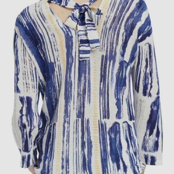 NIC + ZOE Sail Away sweater, printed by hand, 3/4 sleeve, ties in back. Cute - Picture 2 of 9